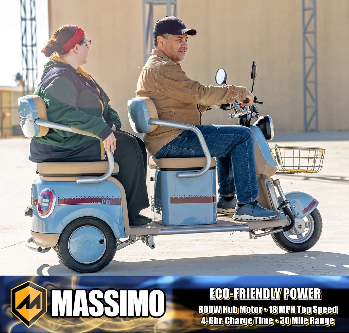 Massimo MGC E-Trike 3-Wheel Electric Cart – 17 MPH, 2-Seater Adult Scooter – Blue