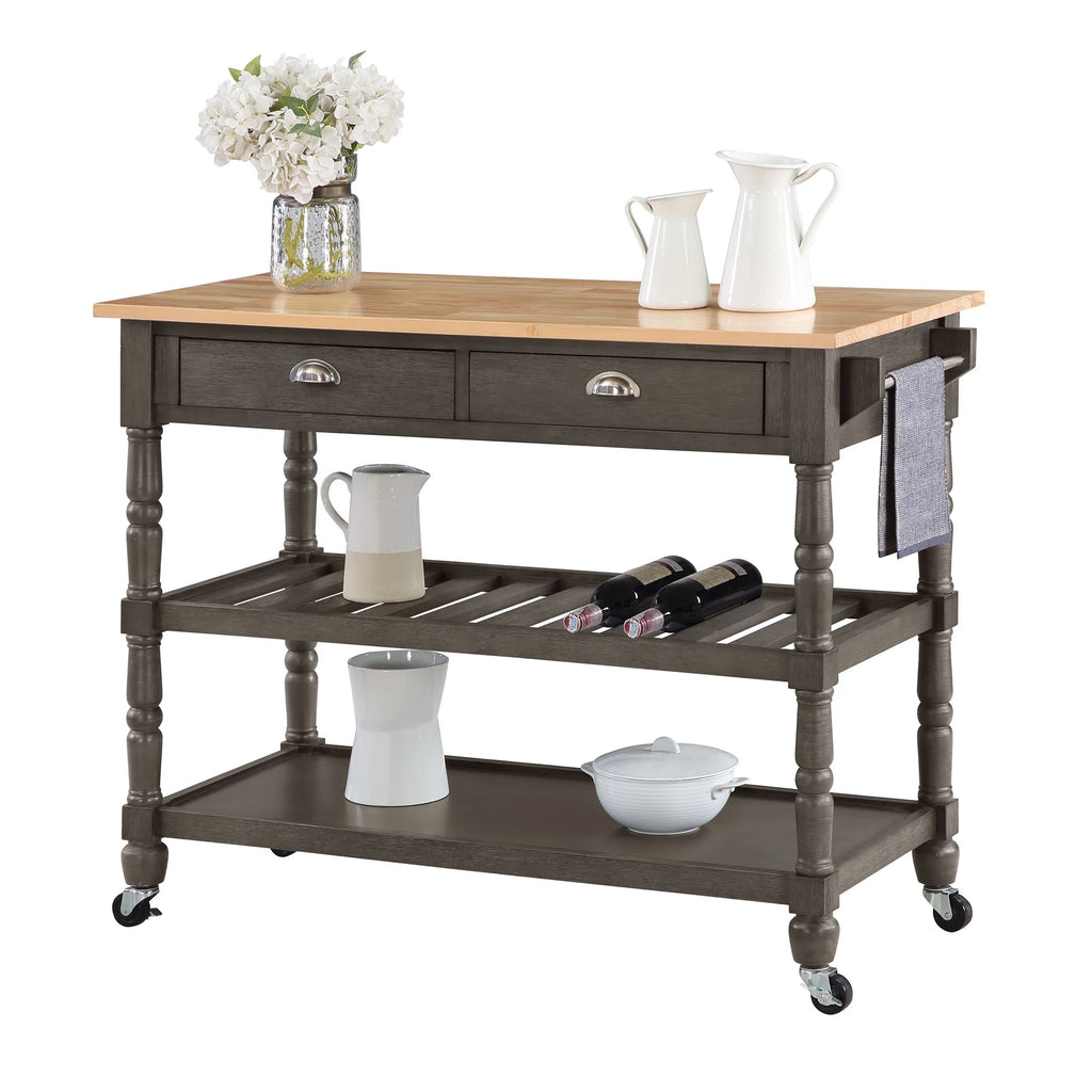 Convenience Concepts French Country 3 Tier Butcher Block Kitchen Cart with Drawers, Wirebrush Dark Gray/Butcher Block
