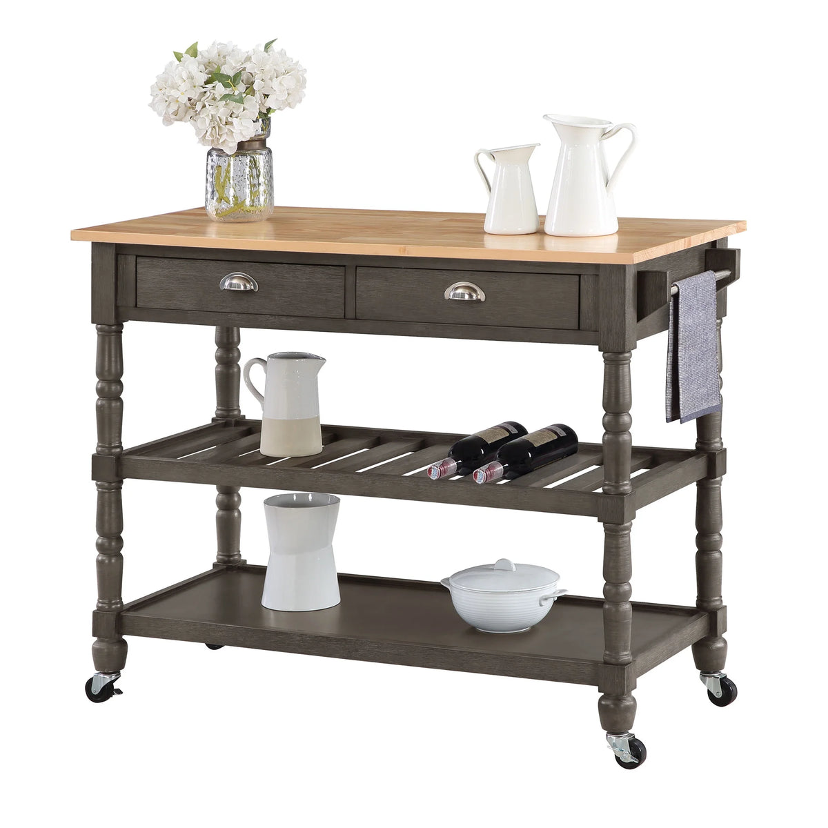 Convenience Concepts French Country 3 Tier Butcher Block Kitchen Cart with Drawers, Wirebrush Dark Gray/Butcher Block