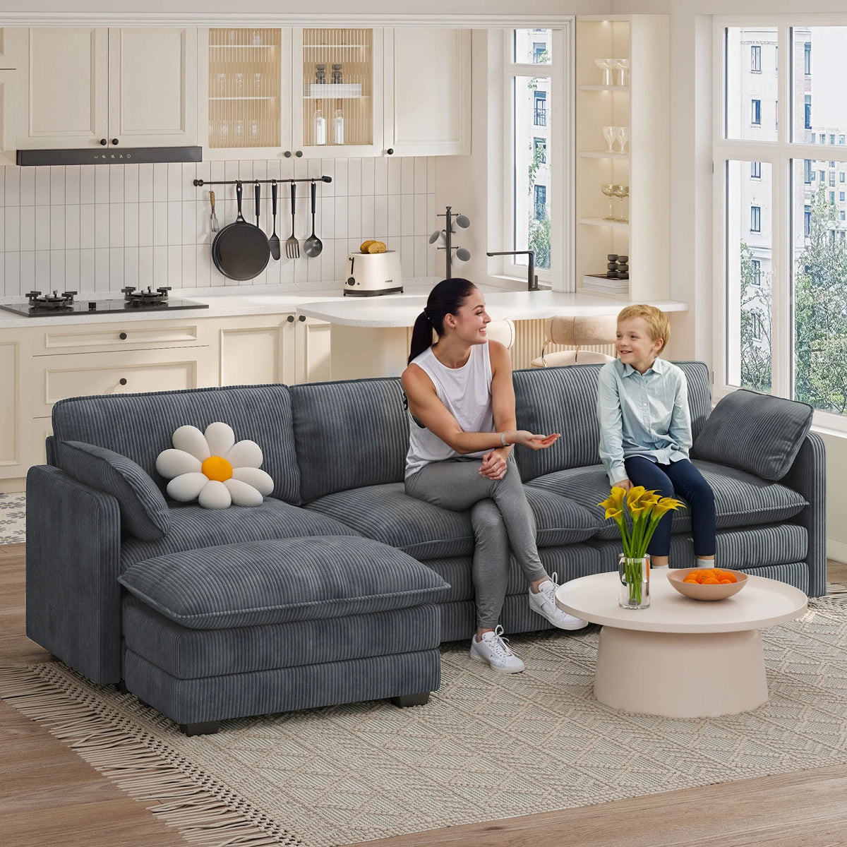 110" Sectional Sofa, L-Shaped Sofa Couch with Deep Seat and Movable Footrest Sofa for Office|Living Room, Gray