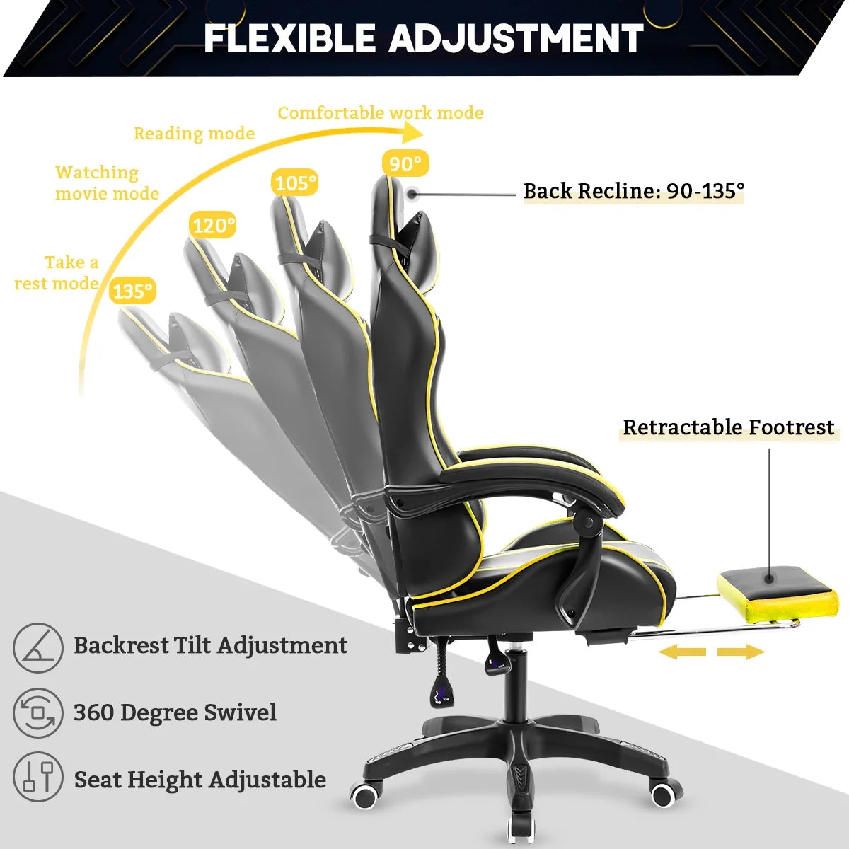 Gaming Chair with Massage Gamer Chair with 2D Armrests for Kids