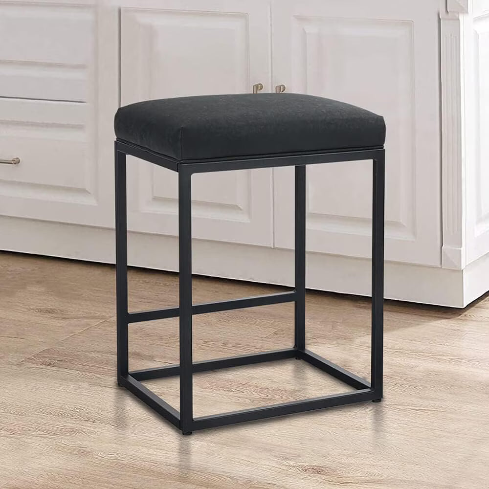 Nathaniel Home 24 Inch Bar Stools Set of 2, Modern PU Leather Metal Barstool, Backless Kitchen Dining Cafe Stool, Upholstered Bar Stool with Footrest, Gray