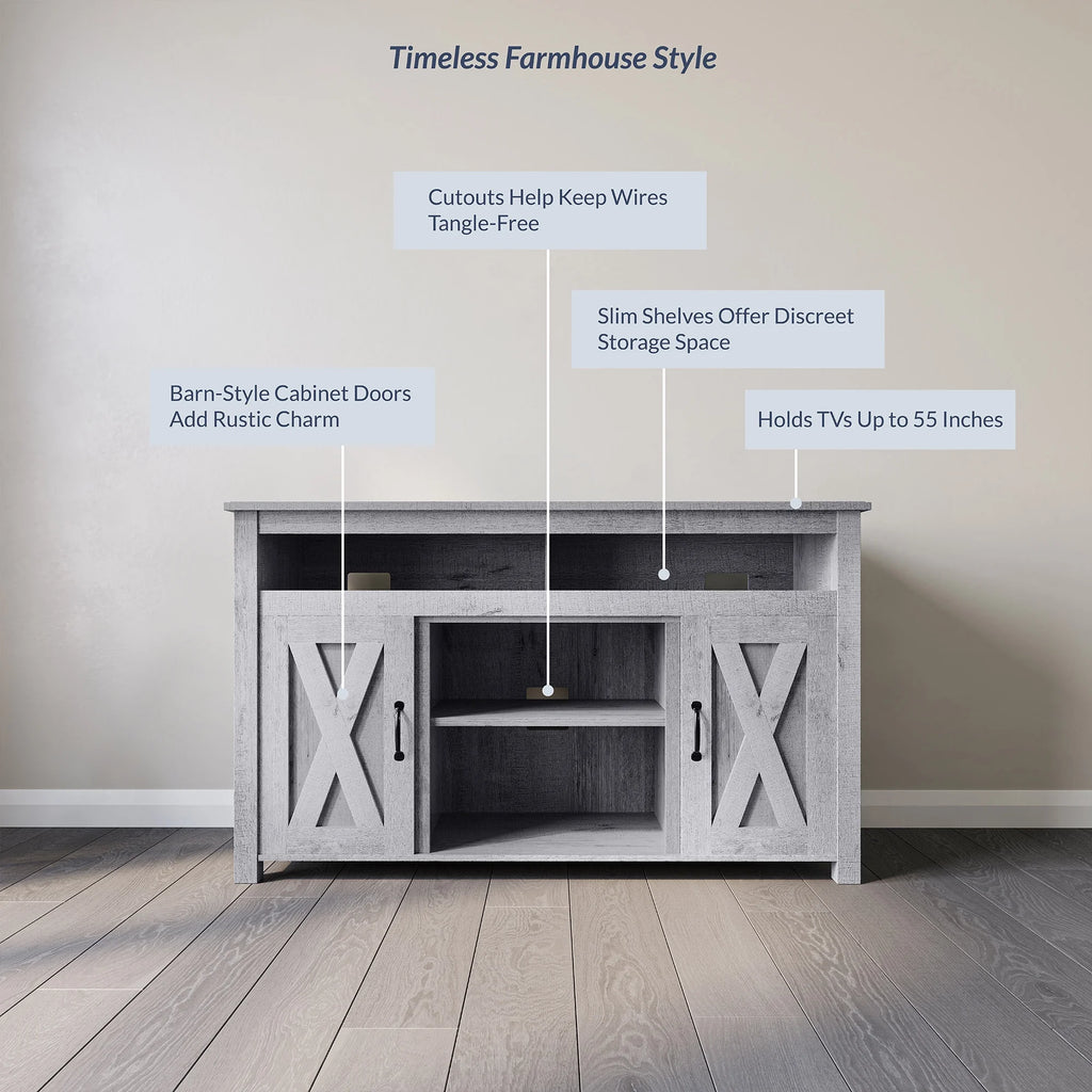 BELLEZE 58 Inch TV Stand, Contemporary Entertainment Center for TVs up to 65", Wood Media Console Table with Two Open Shelves and Barn Door Cabinets - Corin (White)