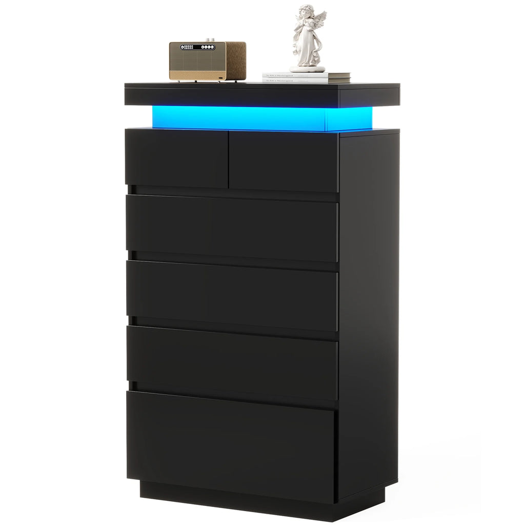 NEGYLIM 6 Drawer White Dresser, High Gloss Dresser with LED Light for Bedroom, Living Room, Hallway, Easy Assembly