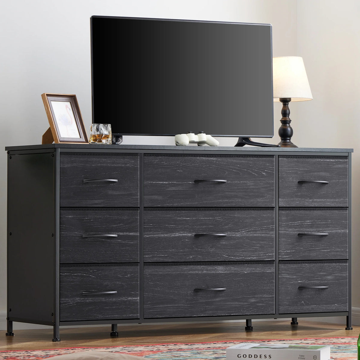 Wide Dresser TV Stand with 9 Drawers Dresser for Bedroom Chests of Drawers for Living Room, Black