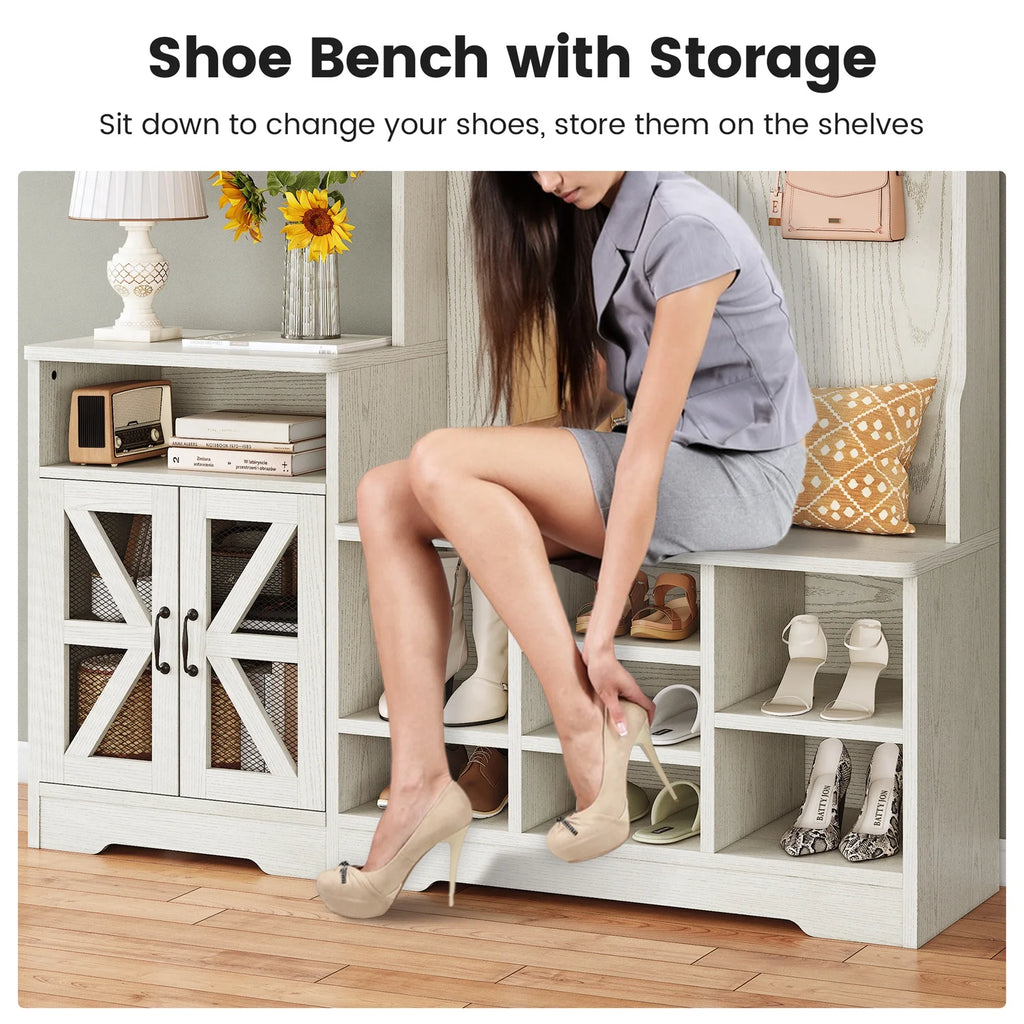 Farmhouse Wood Hall Tree with Shoe Bench and Console Table, LED 4-in-1 Coat Rack with 8 Hooks and 7 Adjustable Shoe Cubbies, Multifunctional Entryway Storage Organizer with Cabinet, Vintage White