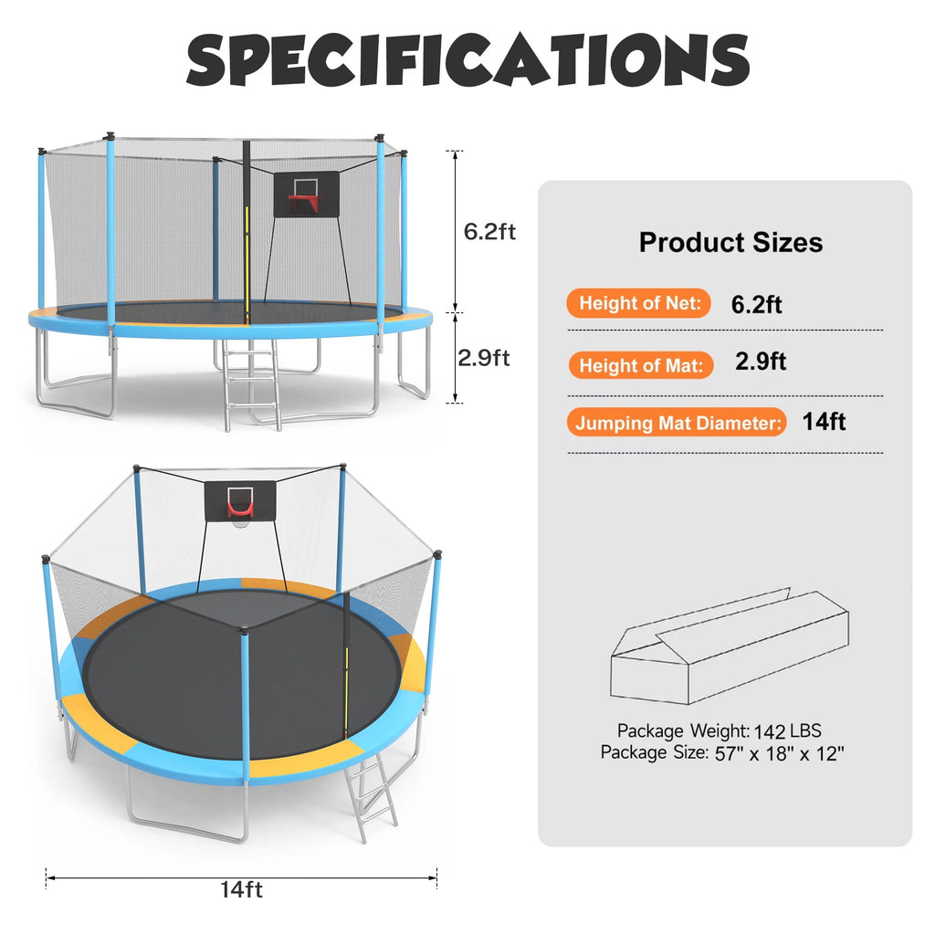 SHINPT 14ft Trampoline for Kids, Outdoor Trampoline with Net, Big Trampoline with Basketball Hoop and Ladder, Heavy Duty Trampoline with No-gap Design, Backyard Trampolines for Adult