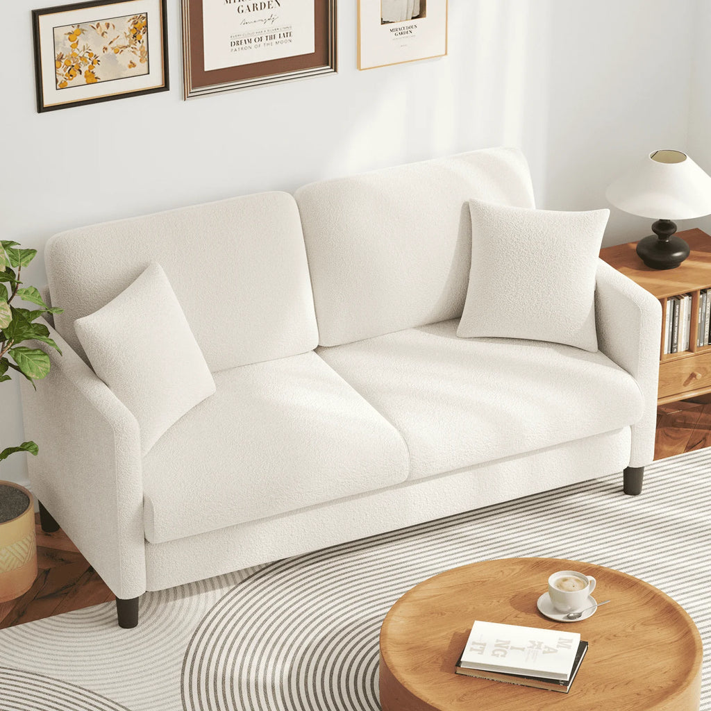 Loveseat Sofa,65" Comfy Teddy Fleece Love Seat Couch,Neche Extra Deep Seats Sofas,Tool-Free Setup Couch with 2 Pillows for Living Room,Coffee Brown