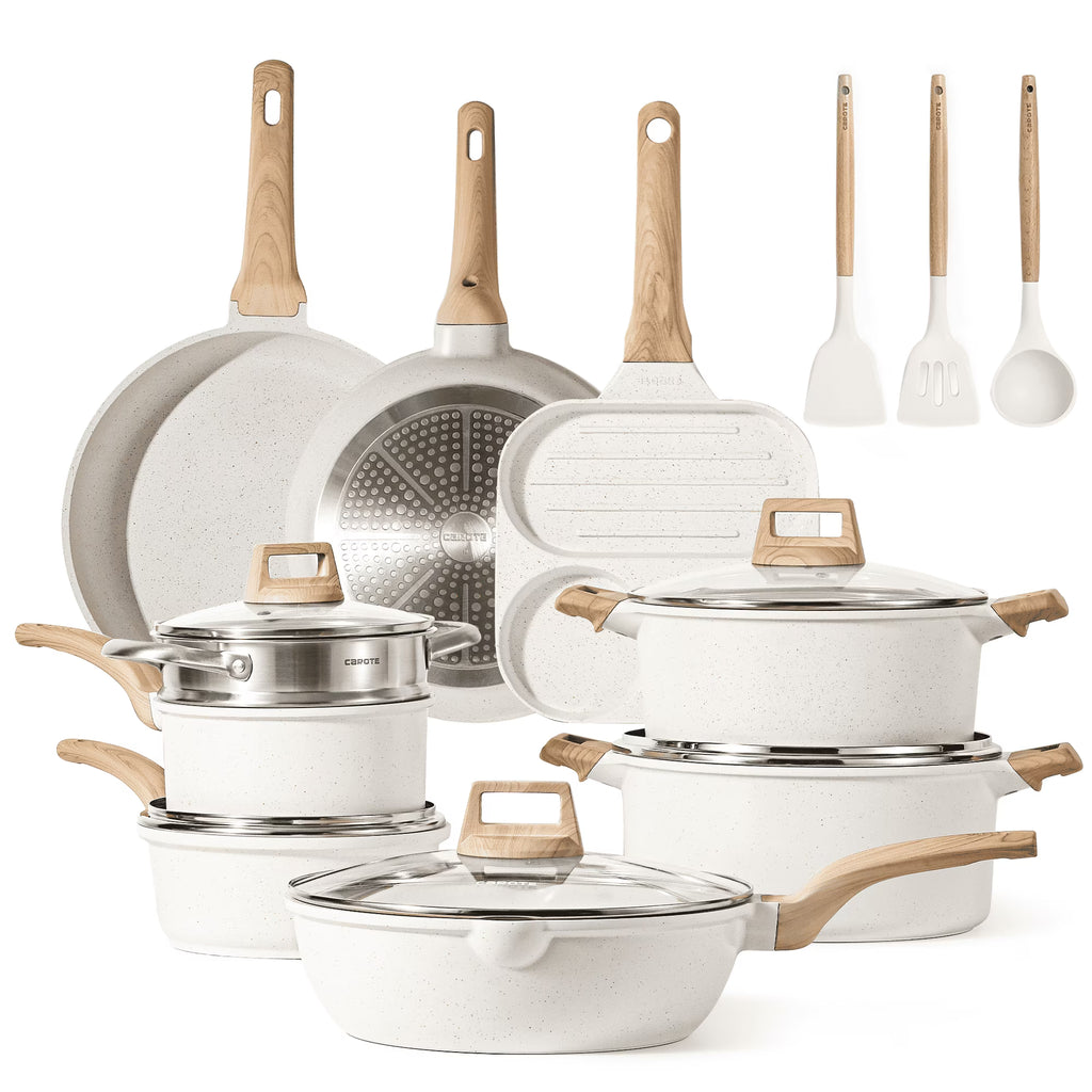 Carote Nonstick Cookware Sets, 24 Pcs Granite Non Stick Pots and Pans Set, Induction Cookware, White