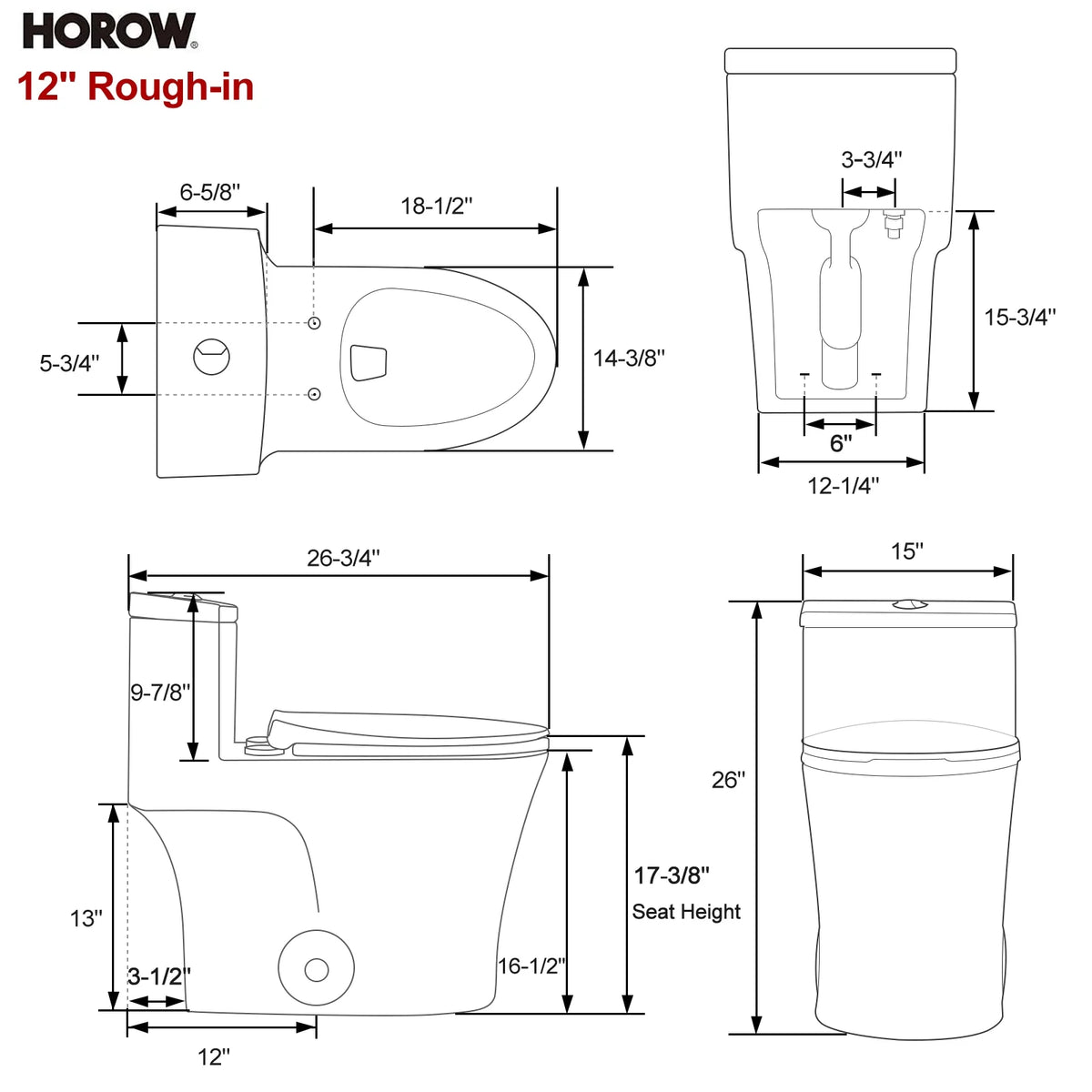 HOROW Compact One Piece Toilet with Comfort Seat ADA Height 17.3" Elongated Dual Flush 0.8/1.28 GPF
