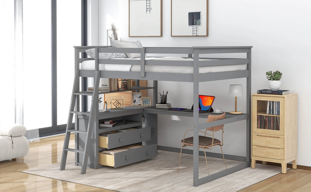 Euroco Full Size Wood Loft Bed with Desk, Shelves and Cabinets for Kids Room, Incline Ladder and 3 Drawers, Gray