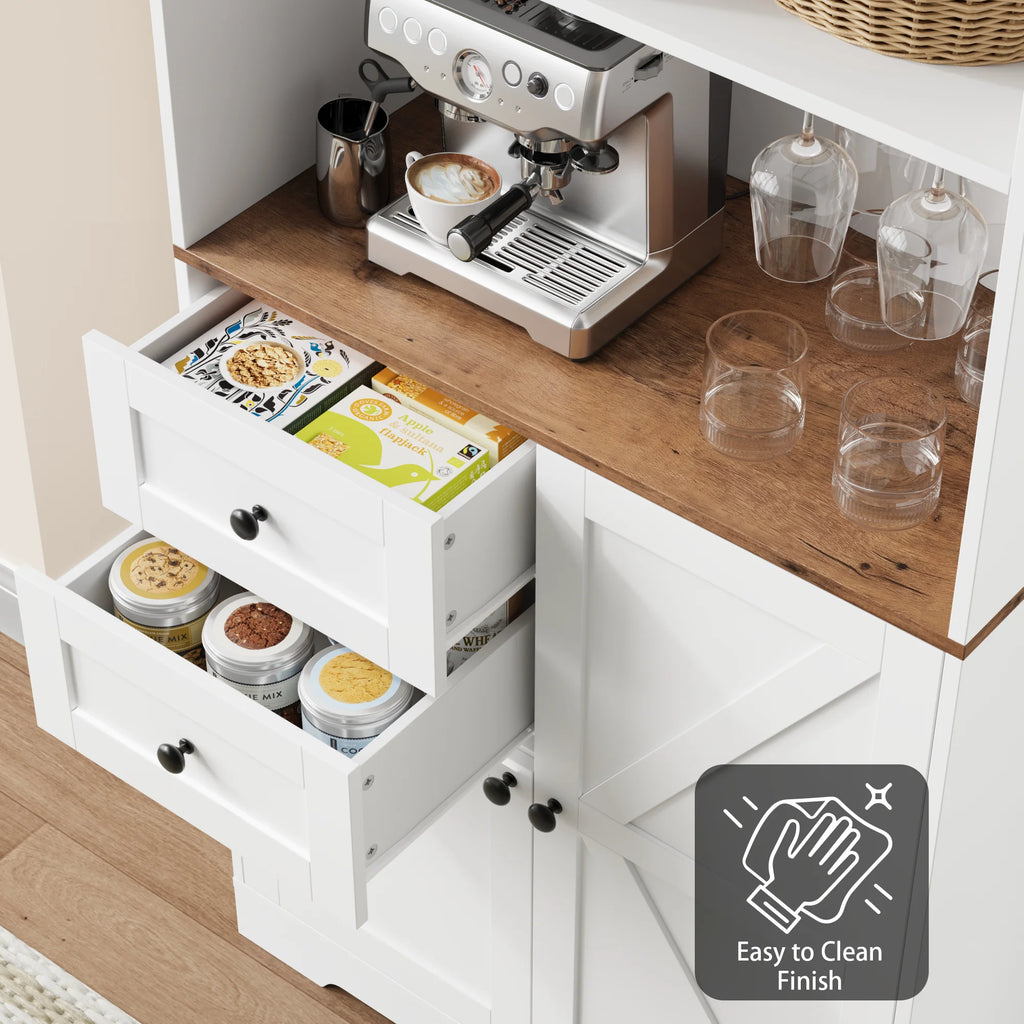 Homfa 75.2'' Kitchen Pantry Storage Cabinet with Wine Rack & Adjustable Shelf, 2 Drawer Modern Farmhouse Buffet with Glass Door for Dining Room Living Room, Black