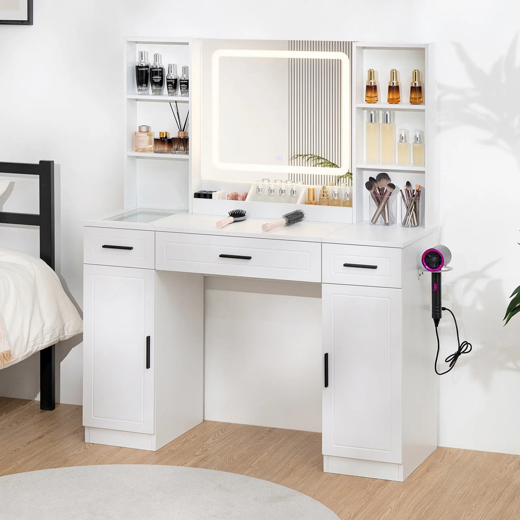 Hommpa Vanity, Makeup Vanity with LED Lighted Mirror Vanity Desk with Drawers Vanity Table with Charging Station for Girls Bedroom Storage Shelves, White