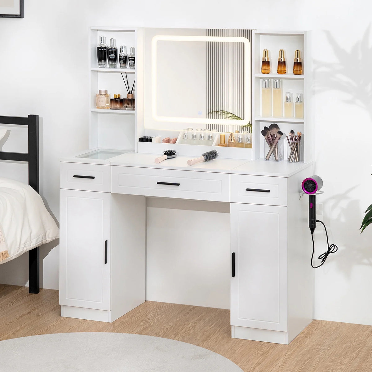 Hommpa Vanity, Makeup Vanity with LED Lighted Mirror Vanity Desk with Drawers Vanity Table with Charging Station for Girls Bedroom Storage Shelves, White