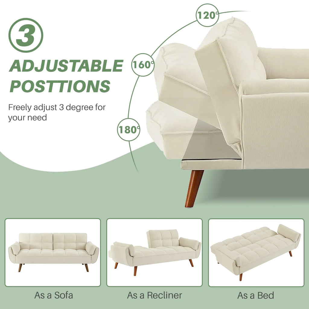 MILEMONT 75.39" Futon Sofa Bed, Convertible Folding Futon Couch Recliner Lounge For Living Room With 2 Pillow/Armrest Beige