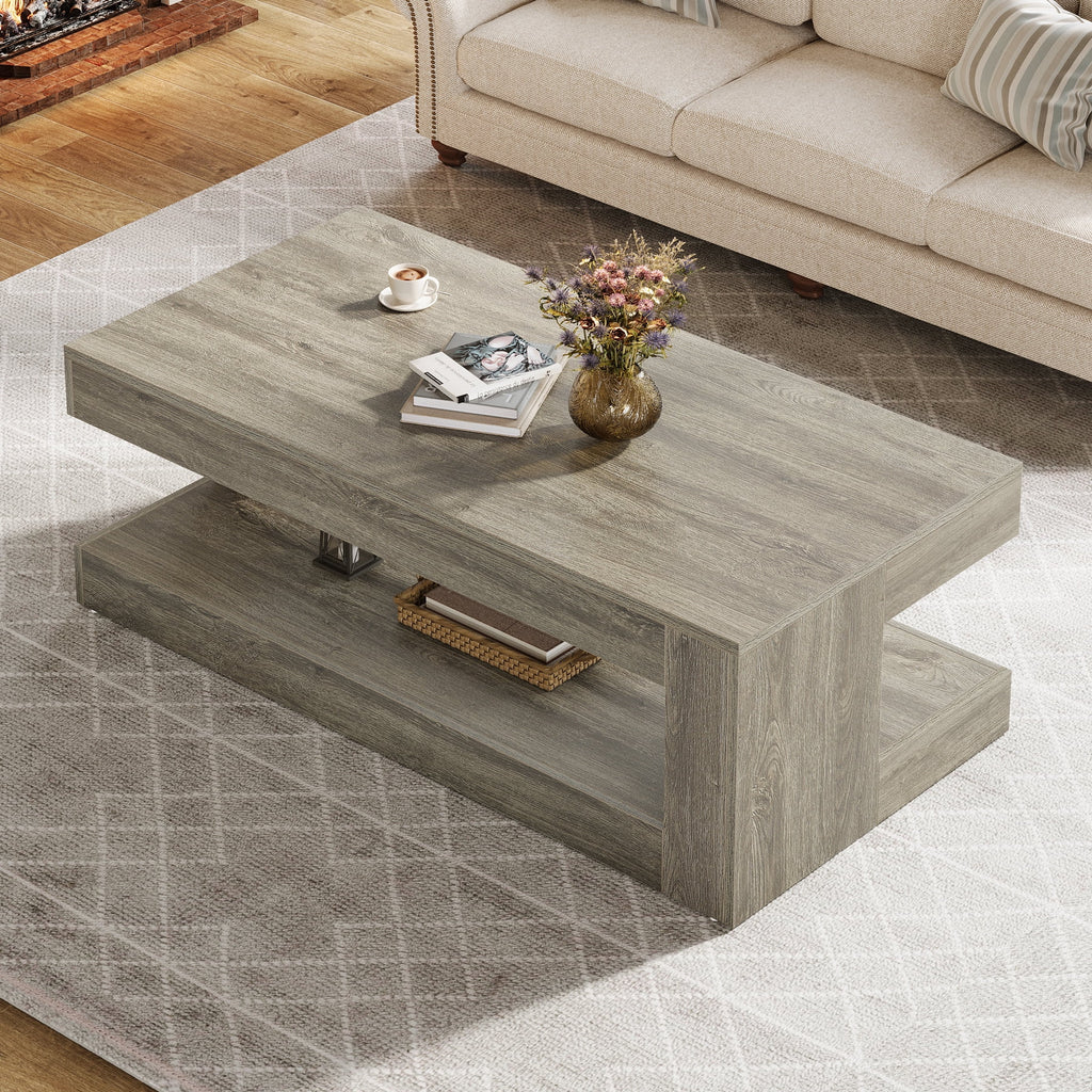 Tribesigns Coffee Table for Living Room, 47.24-Inch Farmhouse 2-Tier Accent Center Tea Cocktail Table with Storage, Elegant Grey, Rectangular