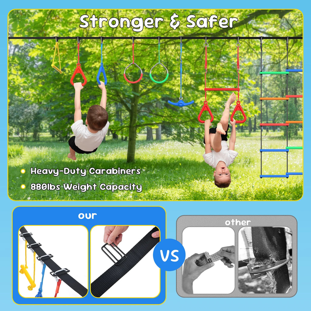 KloKick 65ft Ninja Warrior Obstacle Course for Kids �C Outdoor Backyard Set with Swing, Ninja Rope, 11 Obstacles, Slackline, Jungle Gym for Tree Installation