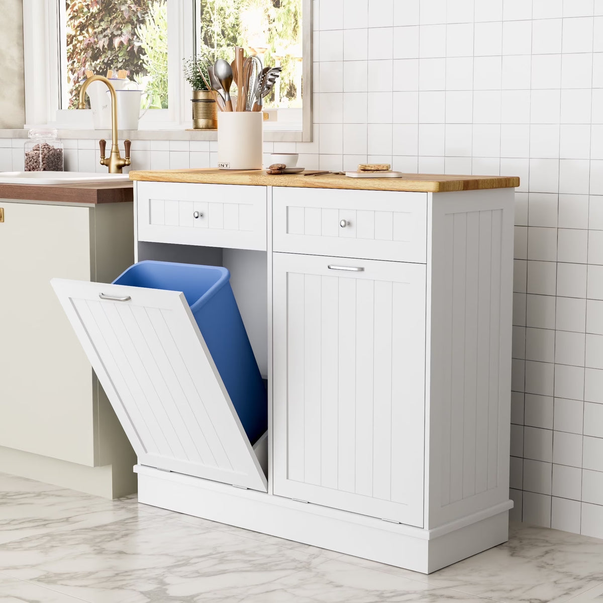 GETYES Double Tilt Out Trash Cabinet, Wooden Recycling Cabinet, 35.83 x 12.99 x 39.37 inches, White