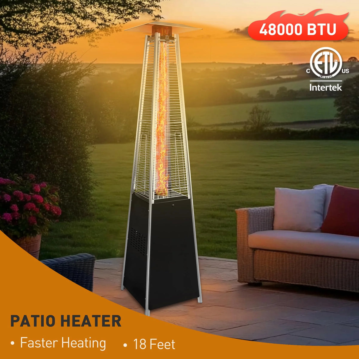 Segmart 48,000 BTU Pyramid Patio Heater, Tall Standing Outdoor Propane Heater with Wheels & Tip-Over Safety Protection, Visible Flame Glass Tube for Backyard, Garden, Commercial Use - Gray