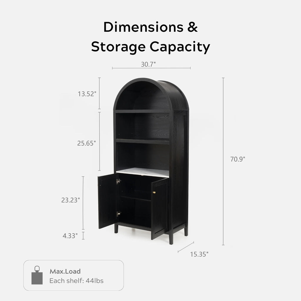 EYYTHUNG 71" Tall Arched Cabinet Modern Farmhouse 5-Tier Arched Bookcase Storage Display Cabinet with Faux Marble Top, Natural Oak