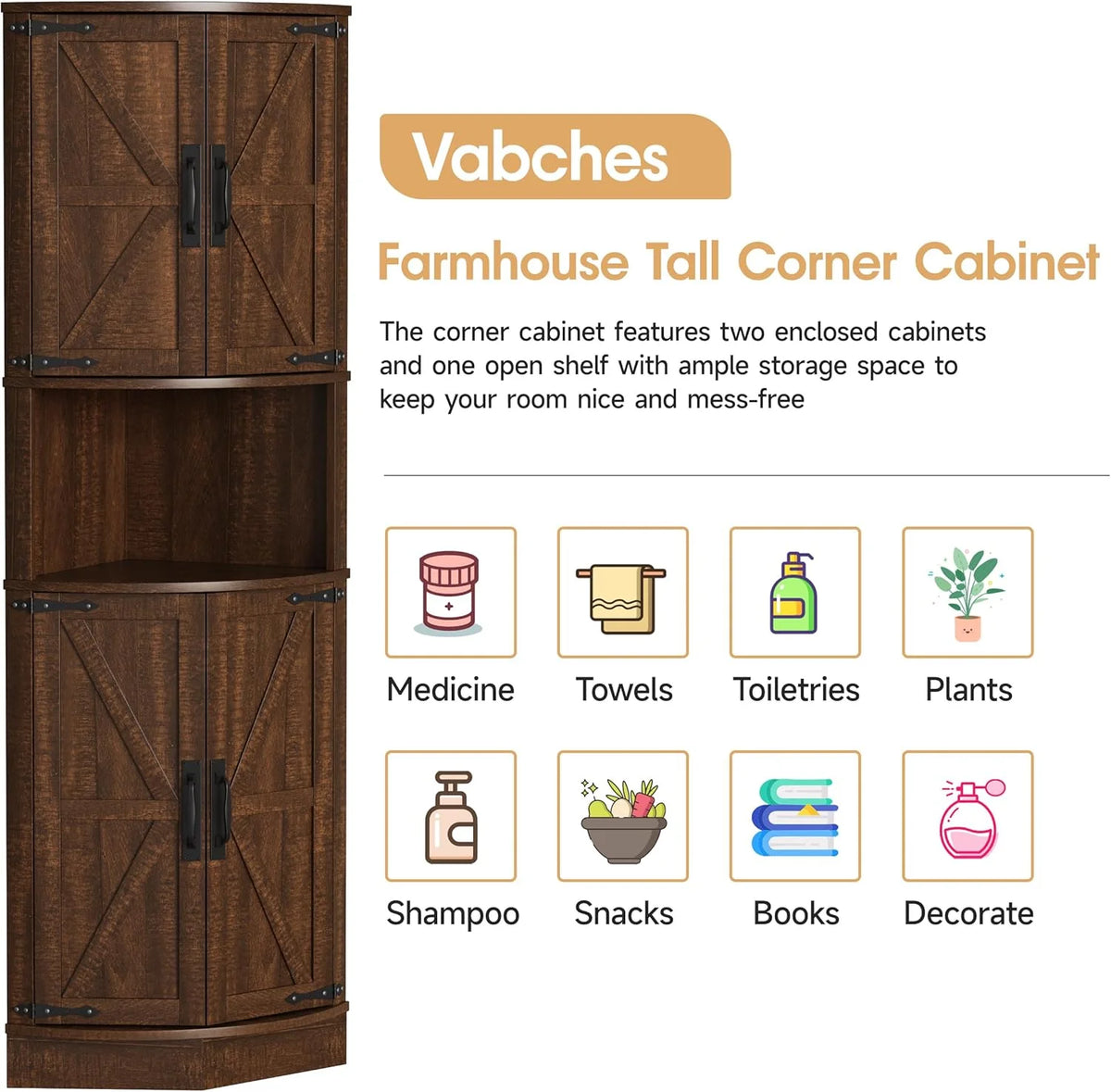 Vabches Farmhouse 64.8'' Tall Corner Cabinet with 4 Doors and 5 Storage Shelves for Kitchen, Living Room, White