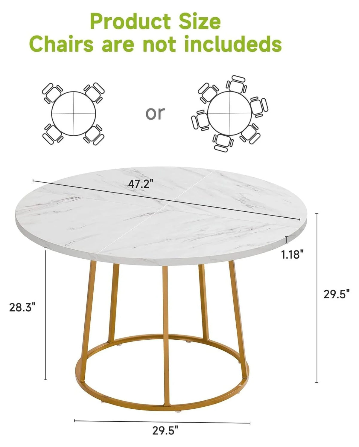 Round Dining Table, 47.24 Inch Kitchen Table for 4-6 People, Wooden Faux Marble Dinner Room Table with Base, Circle Modern Small Table for Home Dining Room Kitchen Restaurant (White) White and Gold