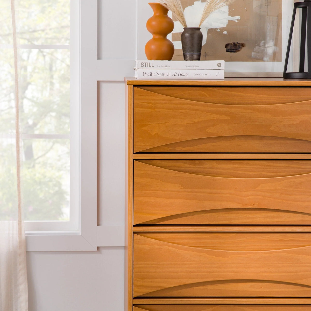 Walker Edison 30” Mid-Century Modern Curved Front 5-Drawer Dresser, Caramel