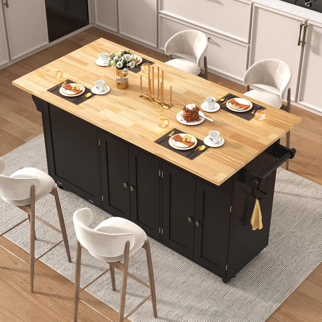 ANPOO 67" Rolling Kitchen Island with Drop Leaf, Tilt Out Kitchen Trash Cabinet 10 Gallon Storage, Kitchen Cart Island with Rubber wood Top, Spice Rack and Drawers