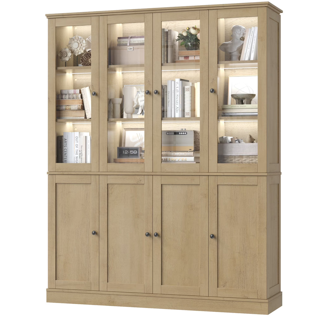 Homfa Kitchen Pantry Cabinet with Glass Doors, 74���� Tall Display Cabinets with LED & Adjustable Shelves for Living Room Office, White