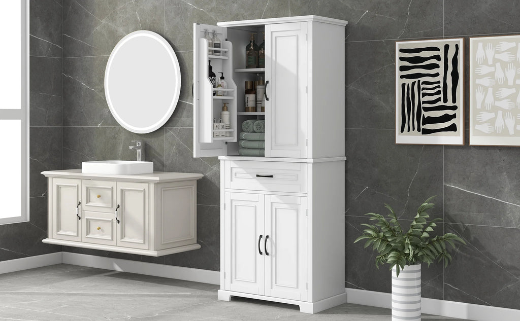 Bellemave White Tall Storage Cabinet with Adjustable Shelf Bathroom Cabinet with 1 Drawer and Storage Rack Large Freestanding Wood Cabinet Storage Organizer Floor Cabinet, White