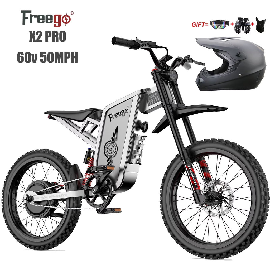 50MPH Electric Dirt Bicycle Freego X2 Pro,6000W(Peak)Motor Electric Motorcycle, Electric Bike for Adults, 60V30AH Battery, 19x2 Tire Full Suspension Hydraulic Brake Half Throttle UL2849