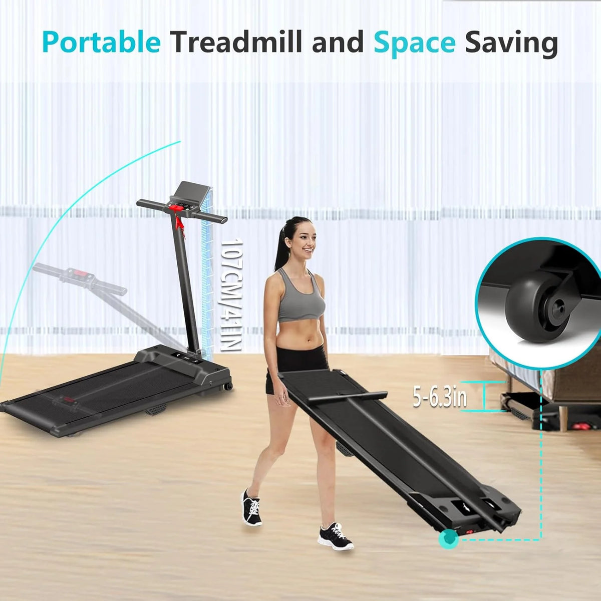 2 in 1 Walking Pad Treadmill, Foldable Treadmills with Handle Bar, 2.5HP Portable Folding Treadmill with Remote Control, Under Desk Treadmill for Home Office, 300lbs, Black