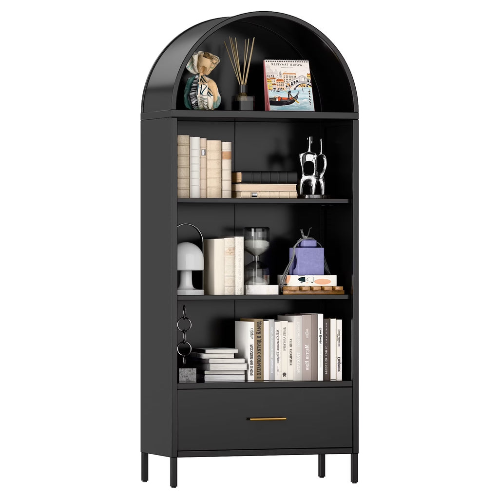 SUPEER Metal Arched Storage Display Cabinet with Glass Doors and Adjustable Shelves, Lockable Cabinet, Assembly Required, Black