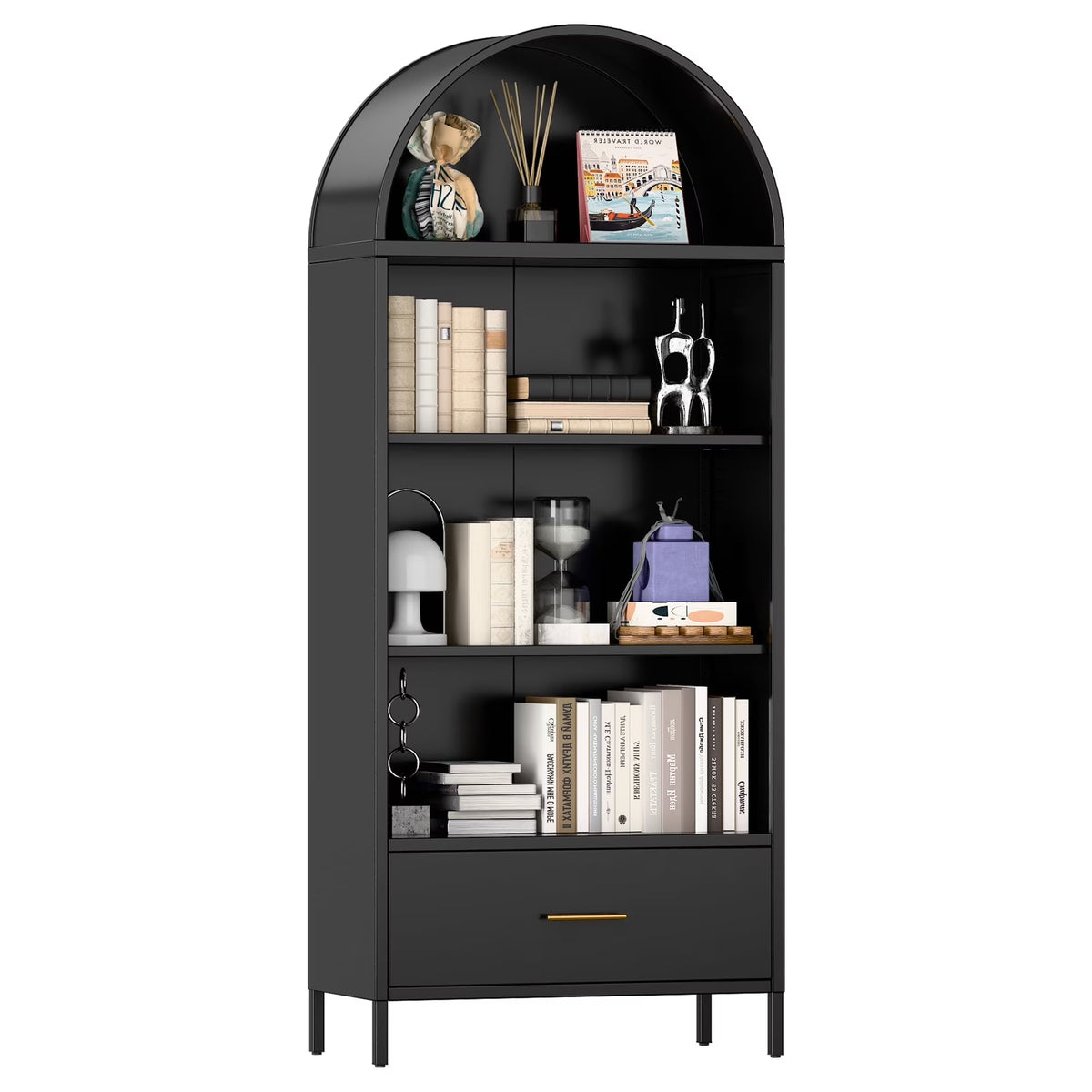 SUPEER Metal Arched Storage Display Cabinet with Glass Doors and Adjustable Shelves, Lockable Cabinet, Assembly Required, Black