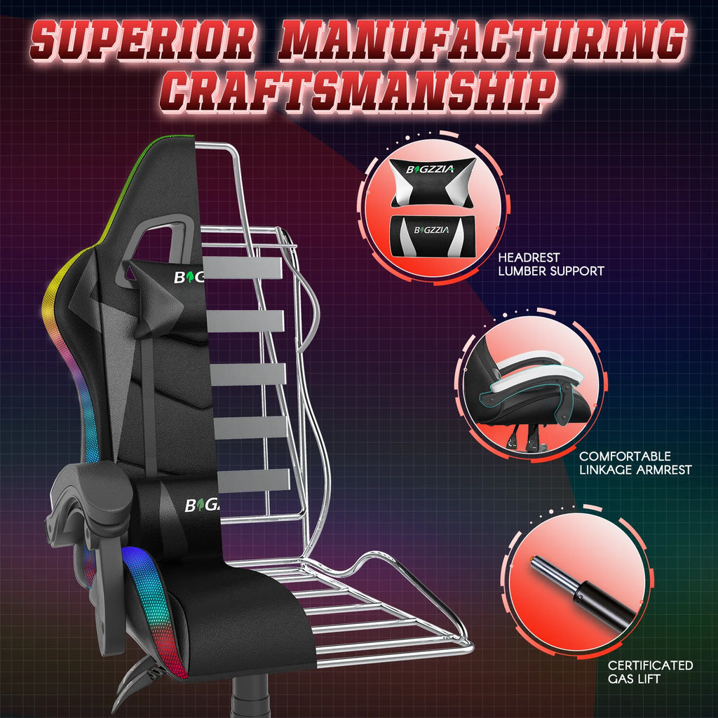 Bigzzia Gaming Chair with LED Lights Ergonomic Office Chair for Adults and Kids - Adjustable Height, 360�� Swivel, Headrest Support, Mesh PU Leather, Black & Green