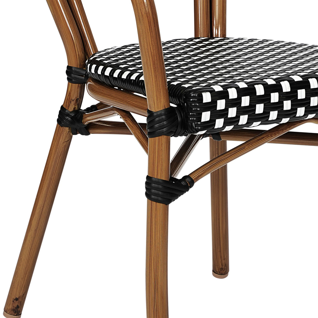 Merrick Lane Stacking Thonet French Bistro Style Chair with Arms, Black & White PE Rattan Seat, and Bamboo Finished Metal Frame for Indoor/Outdoor Use