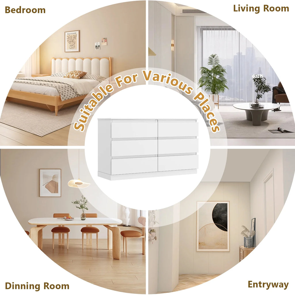 LAFGUR 6 Drawer Double Dresser,Wood Storage Organizer Cabinet Chest for Bedroom Living Room,White