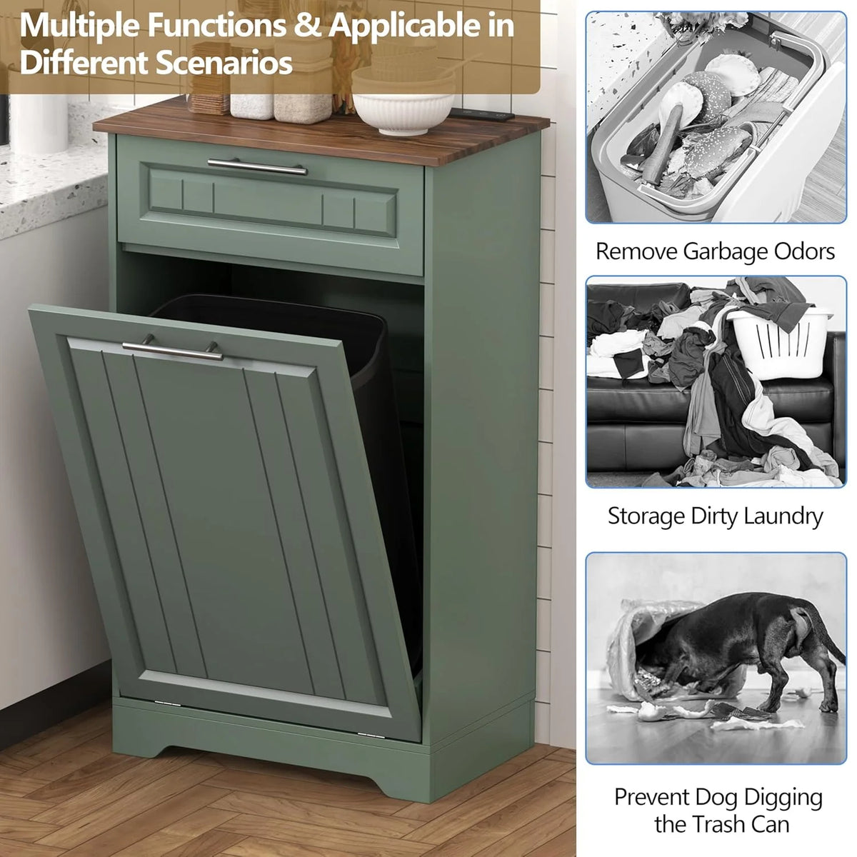 Single 10 Gallon Tilt Out Trash Can Cabinet with Deodorizing Function, Wooden Hidden Garbage Can Holder with Storage Drawers for Kitchen and Dining Room, Laundry Hamper Cabinet for Bathroom, Blue