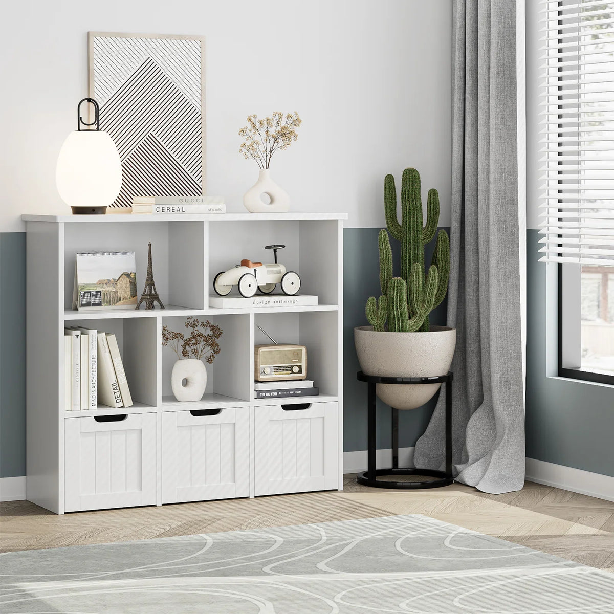 Homfa Toy Storage Organizer with 3 Movable Drawers, 5 Cube Kids Bookcase for Playroom, Storage Cabinet for Living Room, White Finish