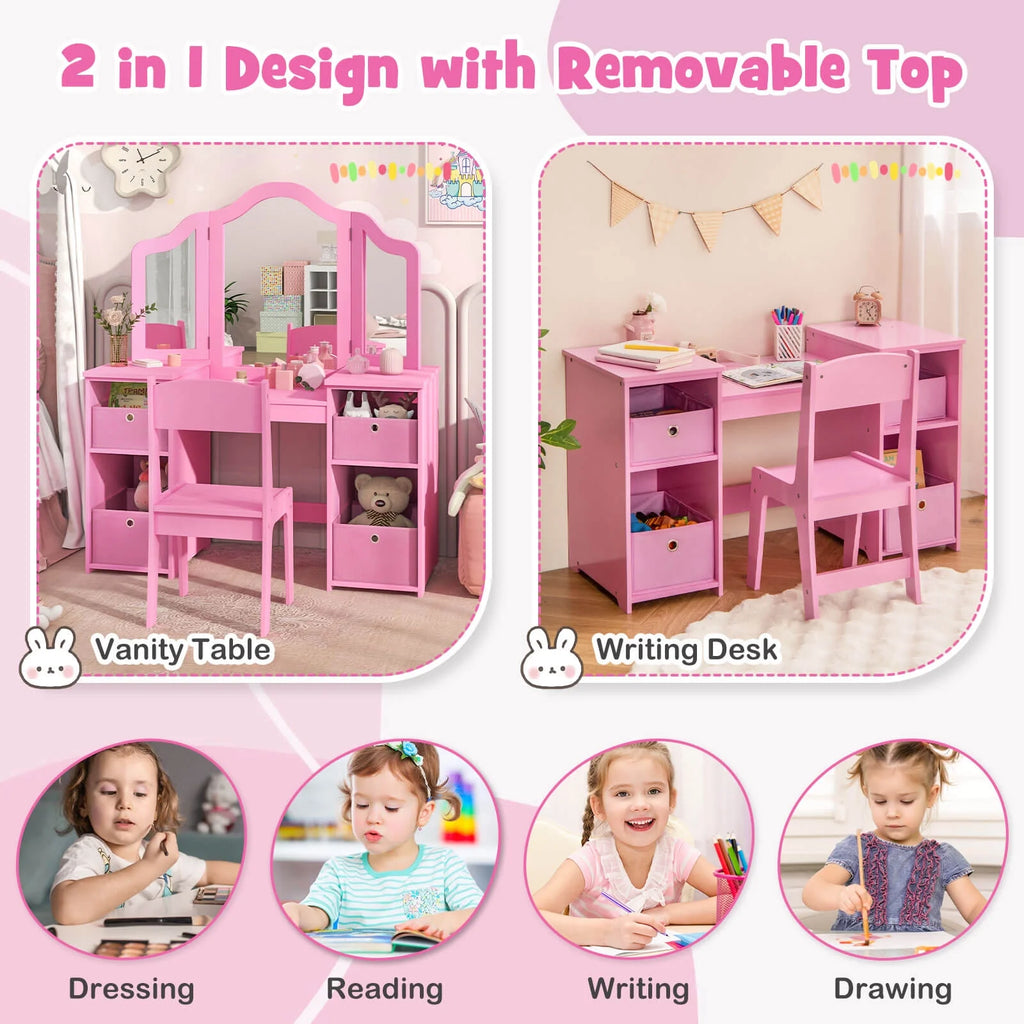 Infans Kids Vanity Table & Chair Set 2-in-1 Princess Pretend Play Makeup Vanity Set