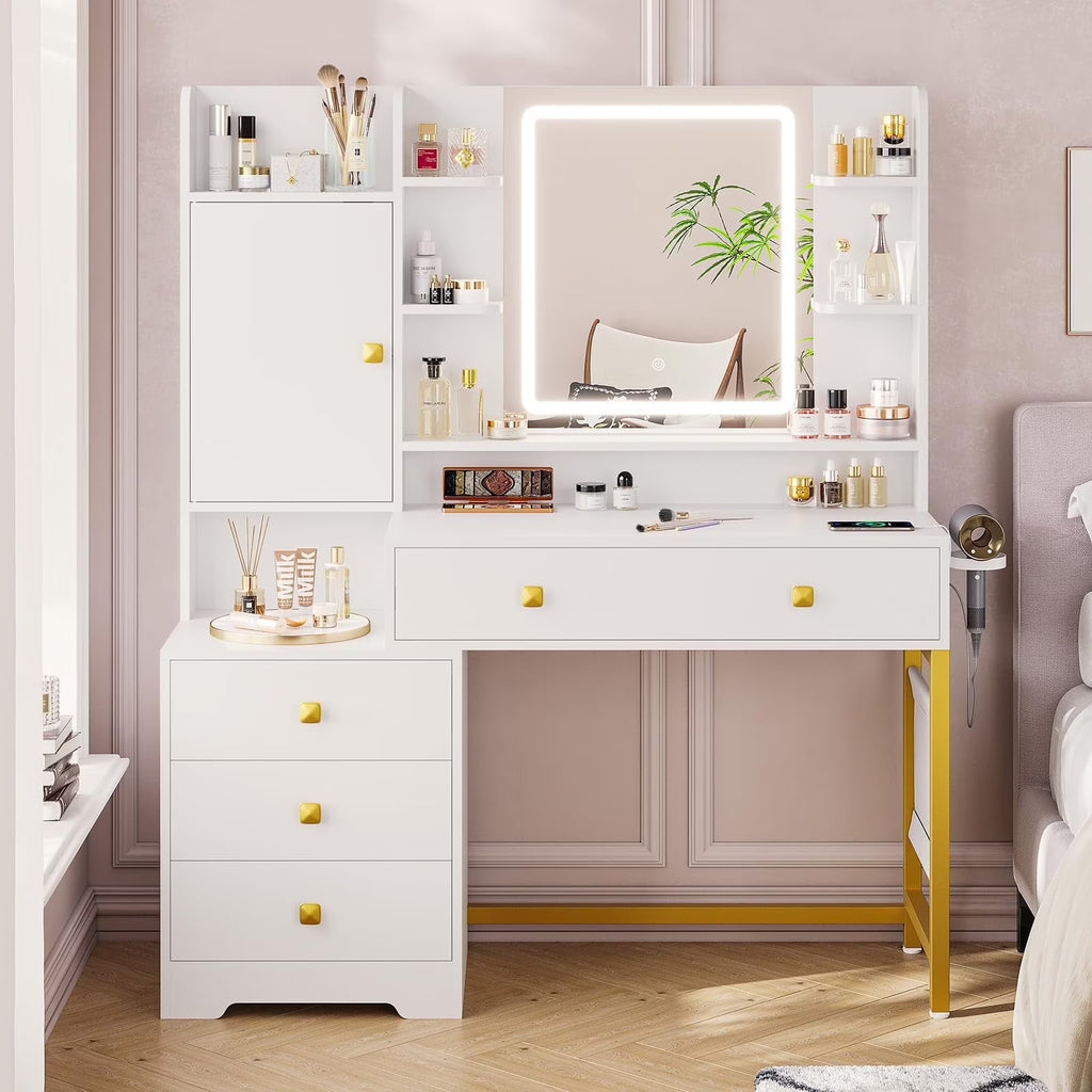 Aunfebrco White Vanity Desk Makeup Vanity Table with Mirror and Lights and Charging Station, Large Dressing Table with Storage Cabinet&6 Drawers&4 Storage Shelves for Bedroom