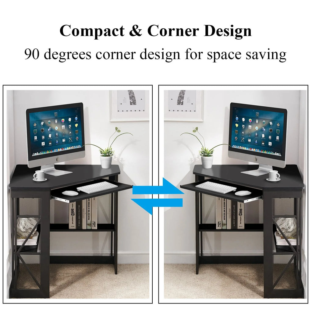 VECELO Corner Computer Desk with Keyboard Tray and Storage Shelf, Student Study Writting Table Workstation for College Dorm Apartment Home Office, Black (90 Degrees)