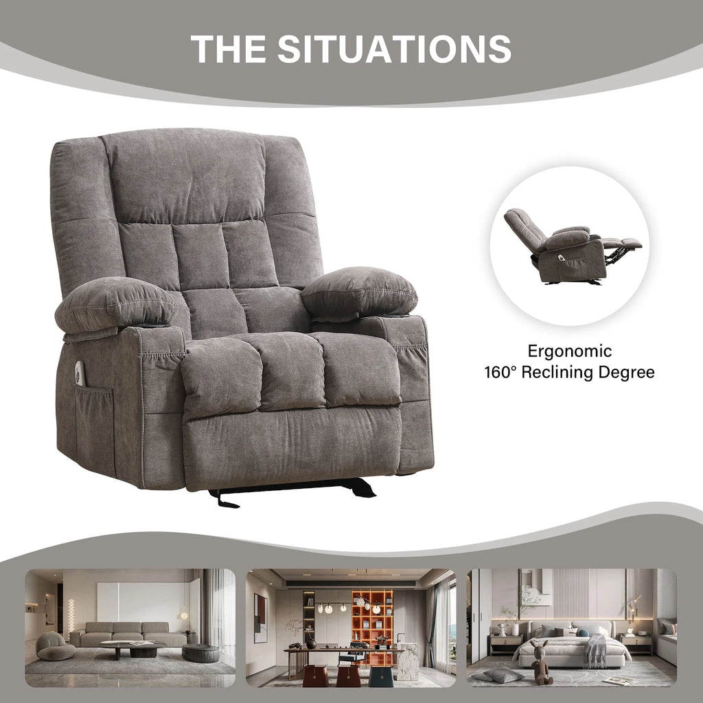 JONPONY Manual Recliner Chair with Heat Therapy and Massage Function, Heavy Duty Reclining Mechanism Massage Chair, Elderly Single Rocker Sofa with Cup Holders for Bedroom Home Theater,Blue
