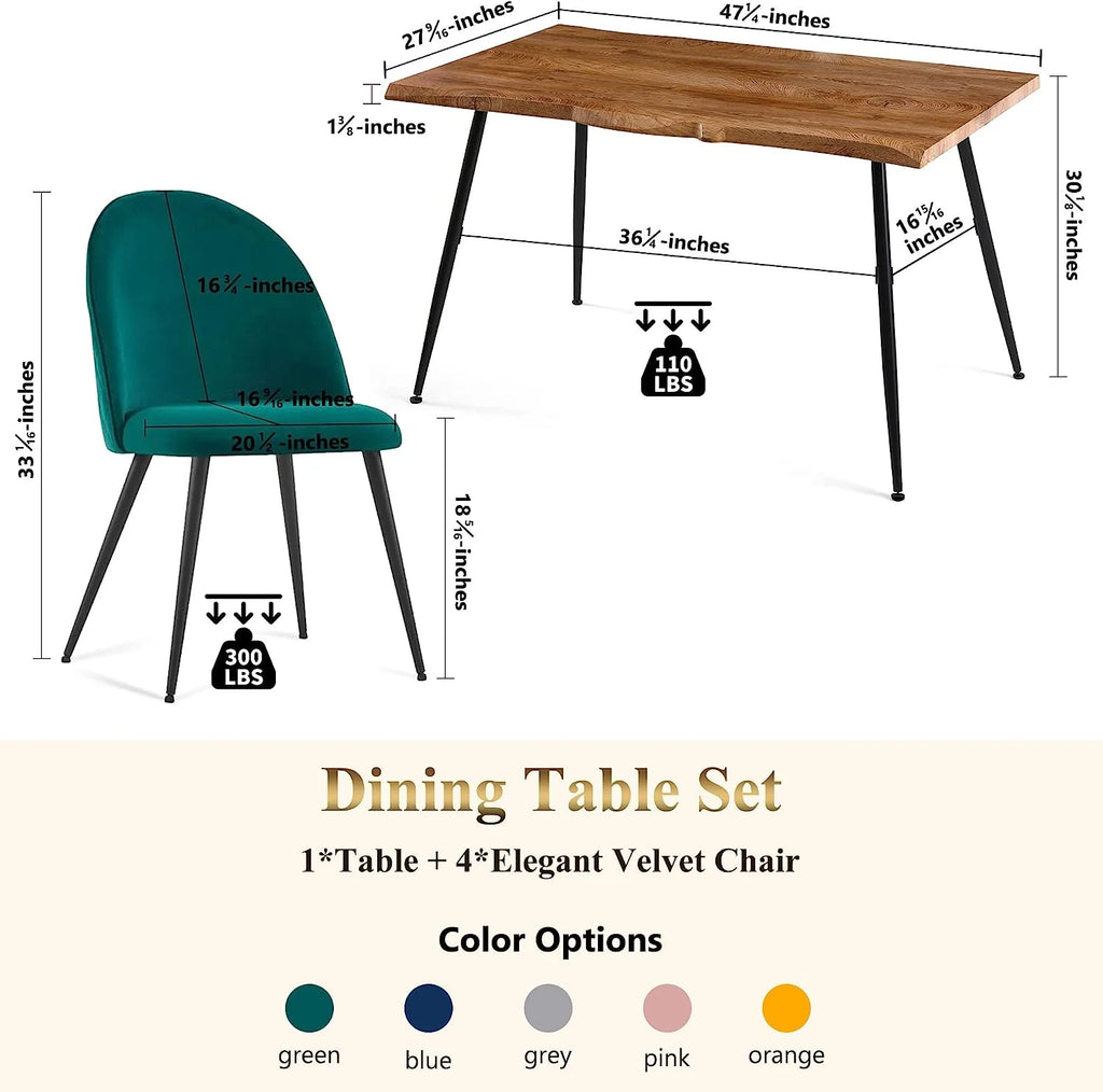 NORDICANA Dining Table Set for 4,Stylish Table with Strong Metal Legs & Modern Dining Chair Armlss Beautiful Home Chair Indoor Velvet Accent Chair with High Back Design,Perfect for Dining Room