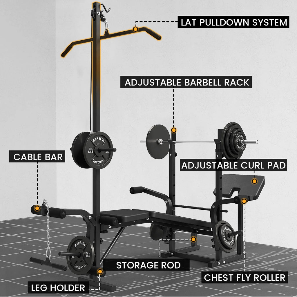 Mikolo Adjustable Weight Bench 800lbs 6 in 1 with Lat Pull Down, Leg Extension and Leg Curl, Chest Fly and Preacher Curl Workout Bench Multi-Function Strength Training Bench Press Exercise Equipment
