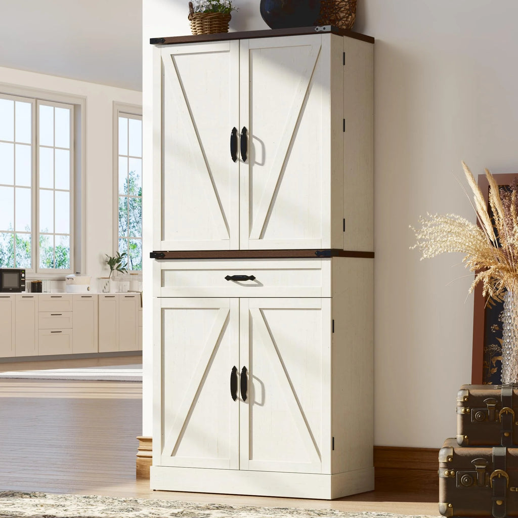 71" Tall Farmhouse Kitchen Pantry with 12 Side Shelves & Adjustable Shelves, 5 Layers Pantry Storage Cabinet w/Load-Bearing Steel Pipe & 4 Barn Doors for Kitchen, Dining Room, Living Room, Brown