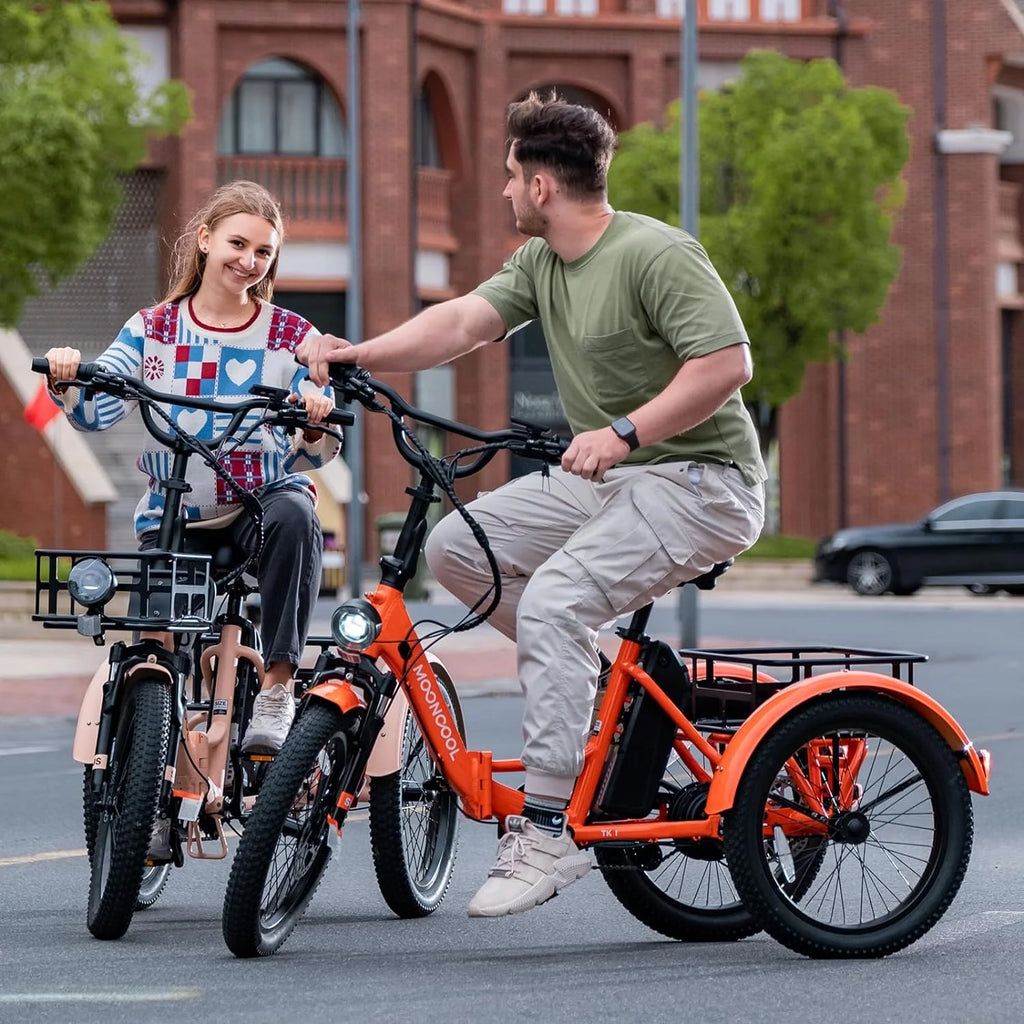 MOONCOOL TK1 Folding Electric Tricycle for Adults,48V 14.5Ah Removable battery, 500W（Peak 1000w）Motor, 20" Fat Tire Step-Thru 3Wheel Electric Bicycle w/Front&Rear Baskets, Certified to UL 2849 by SGS
