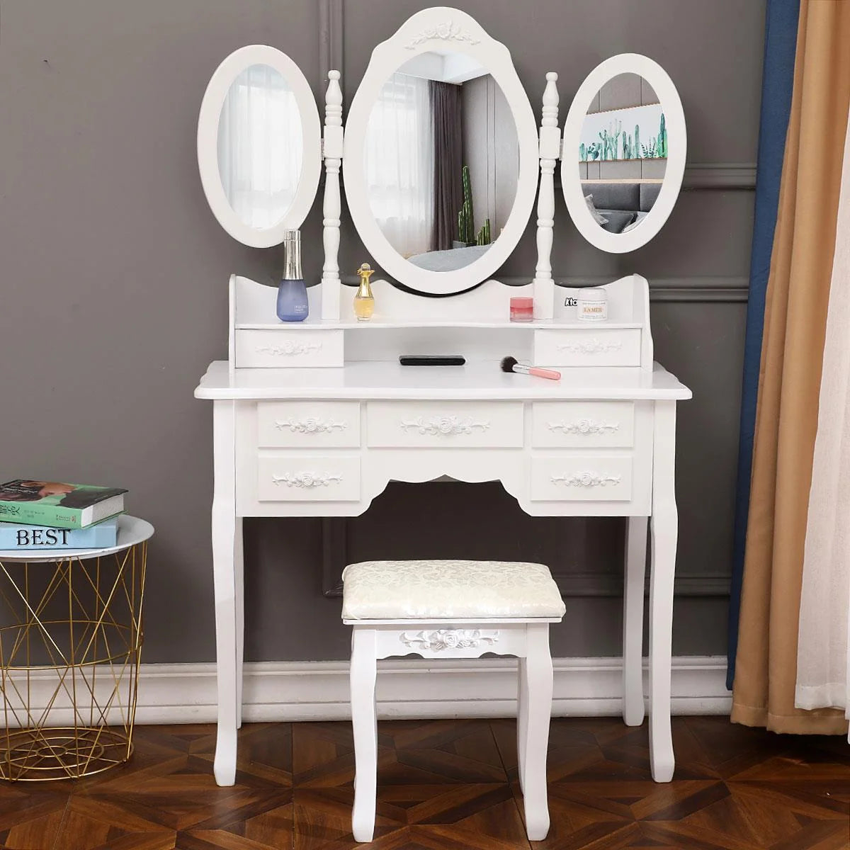 Ktaxon Vanity Set,Flip-top Mirror Dressing Table Makeup Vanity Table Writing Desk with 2 Drawers and Stool, White
