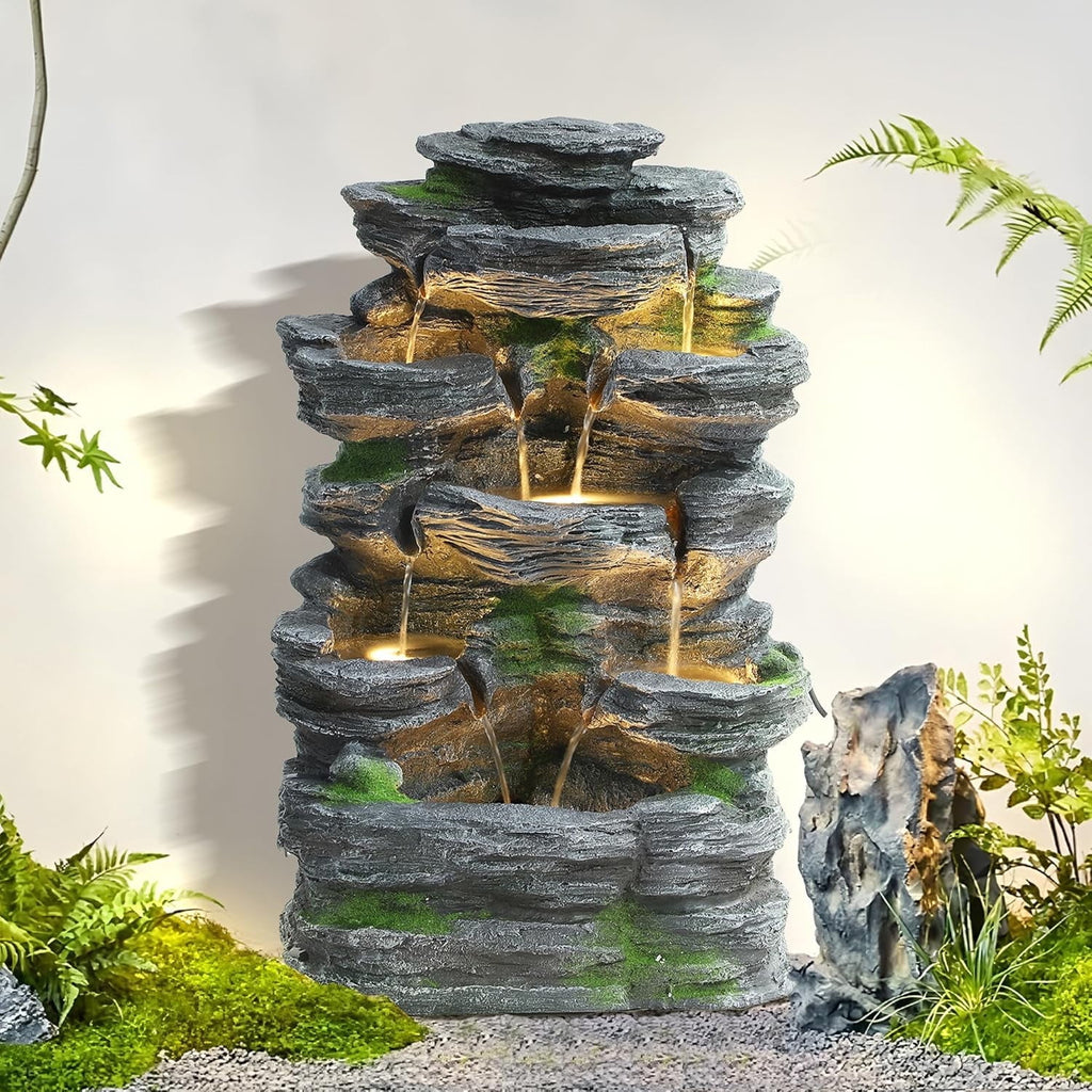 Haverchair 7 Tier Cascading Rock Outdoor Water Fountain, Garden Freestanding Rockery Natural Waterfall Fountains Outdoor with LED Light, Soothing Tranquility Fountains for Home Garden Yard, 24"H
