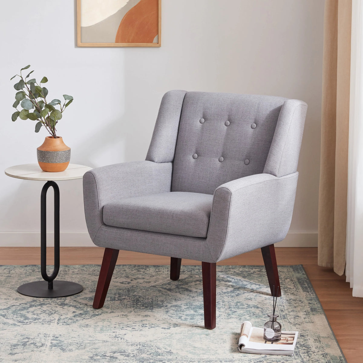 HUIMO  Accent Chair, Button-Tufted Upholstered  Living Room Chairs,  Mid Century Modern Comfy Reading Chairs for Bedroom, Living Room, Beige